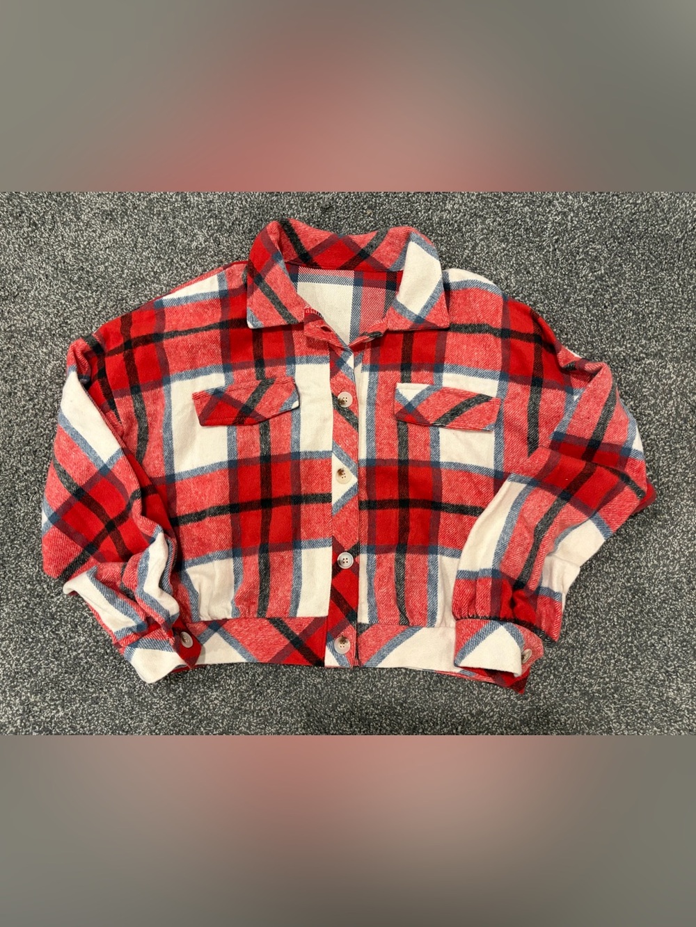 NWOT Red White Blue Plaid Flannel Shacket Crop Shirt Jacket Size Large